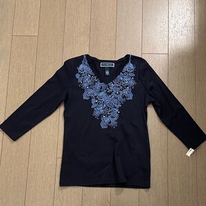 Karen Scott Dark Blue Long Sleeve Top with Embroidery
